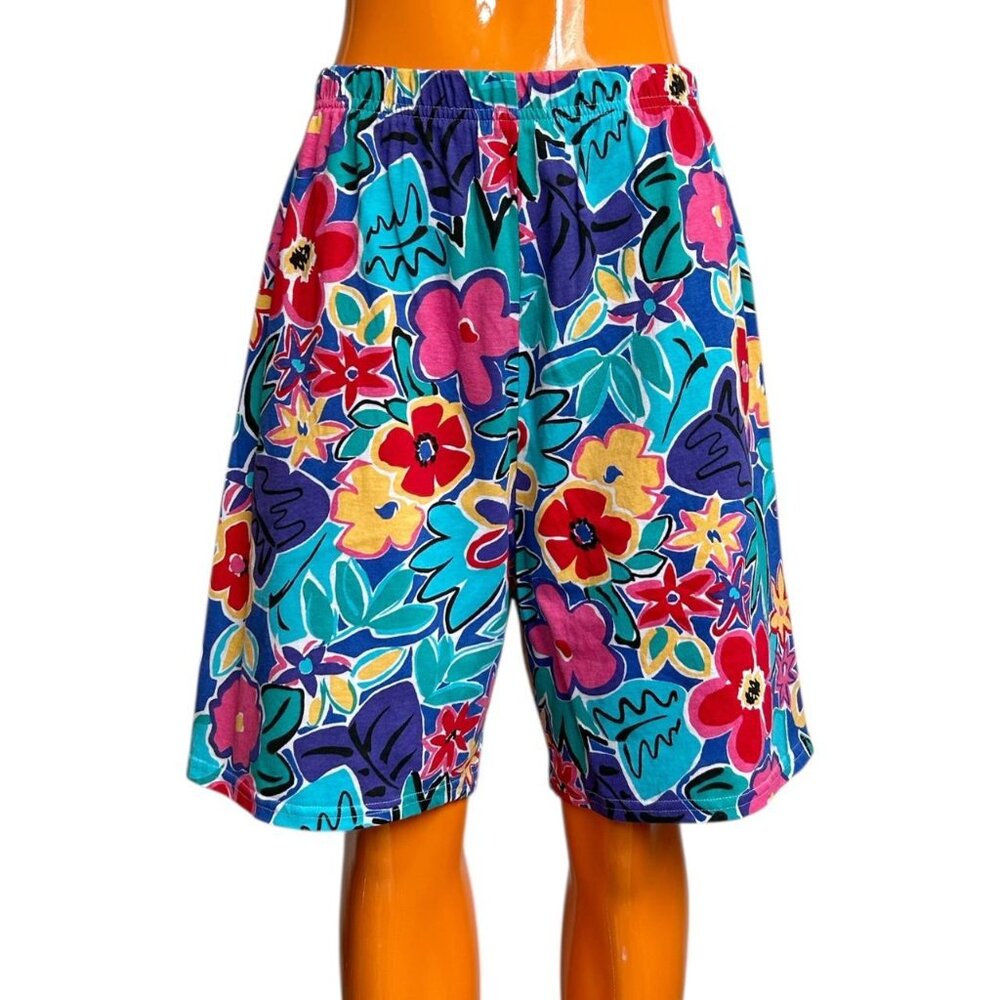 80s 90s Vintage Highwaisted Flower Print Art Shorts Elastic Comfy Hanes Her Way.